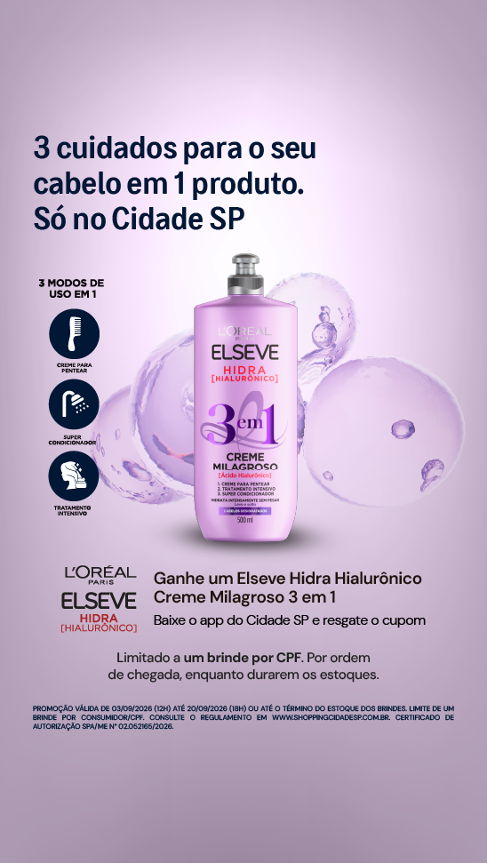 ⏰ 15 dias Amostra Grátis Elseve Hidra Hialurônico: Ganhe o Creme Milagroso 3 em 1 no Shopping Cidade SP (SP) 🆓Grátis