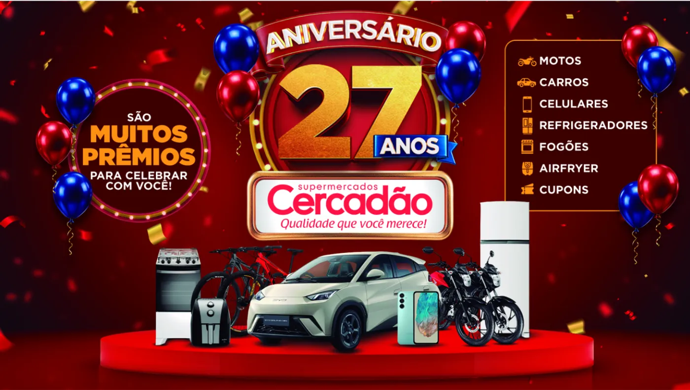 ⏰ 29 dias Aniversário Cercadão 27 Anos: Dolphin Mini 0km, Motos e Mais 224 Prêmios (Grande São Paulo)