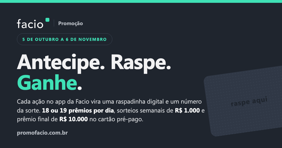 ⏰ 37 dias Promoção Tá Facio: Cartão Pré-Pago de R$10 Mil e 600 Prêmios na Raspadinha