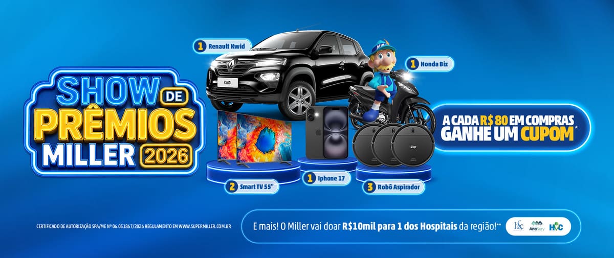 ⏰ 72 dias Promoção Show de Prêmios Miller 2026: Renault Kwid 0km e Honda Biz no Sorteio (Santa Cruz do Sul e Vera Cruz)
