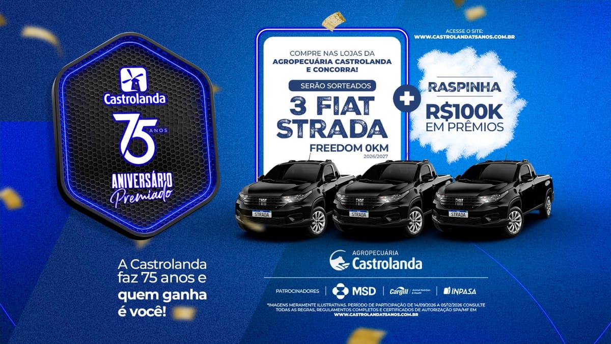 ⏰ 83 dias Promoção Castrolanda 75 Anos no Paraná e São Paulo: 3 Fiat Strada 0km e Raspinha com R$100 mil em Prêmios